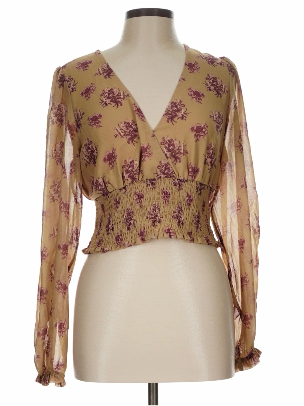 Wilfred Aritzia Wistful Blouse L Floral Smocked Crop V-Neck Tan Burgundy